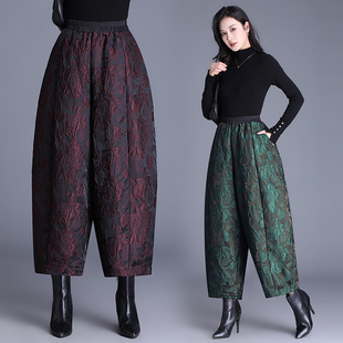 国风2025冬季浮雕提花加绒加厚阔腿裤九分花苞哈伦裤大码休闲女裤