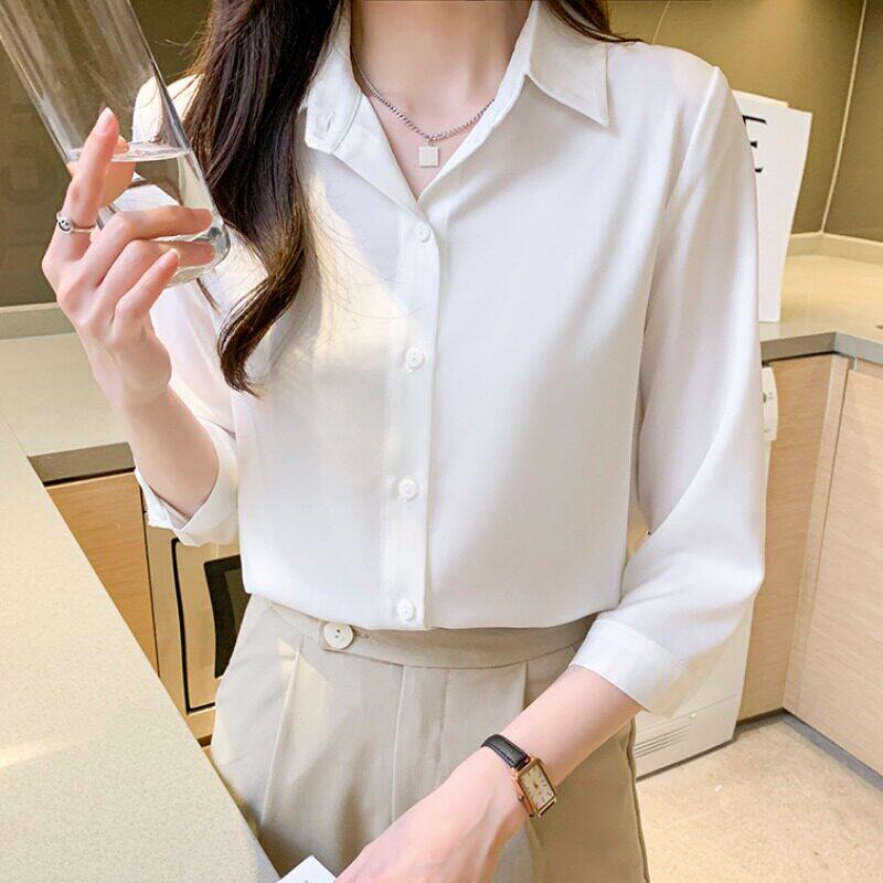小个子夏天短袖雪纺衬衫女士夏季薄款职业白色衬衣醋酸七分袖上衣