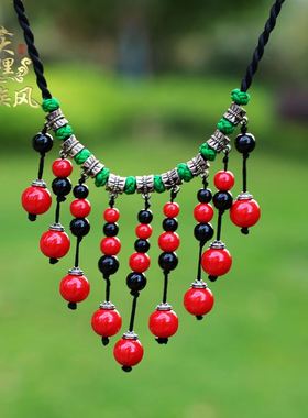 云南民族风松石项链女时尚夸张短款蓝红色水滴颈链锁骨链性感脖链