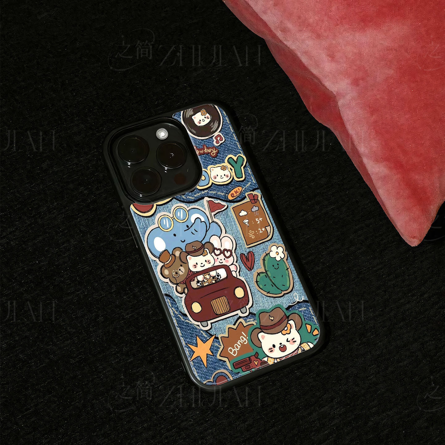 牛仔萌宠贴纸磁吸磨砂黑框电镀玻璃手机壳适用苹果iphone17promax华为MATE30PROVIVOS16EPROMAX14/15/16荣耀M