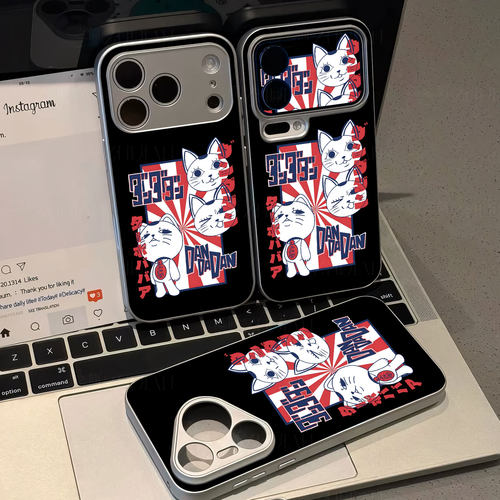 三猫日式卡通磁吸磨砂黑框电镀玻璃手机壳适用苹果iphone17promax华为小米13ULTRA1加ACE6至尊版1加12OPPOREN