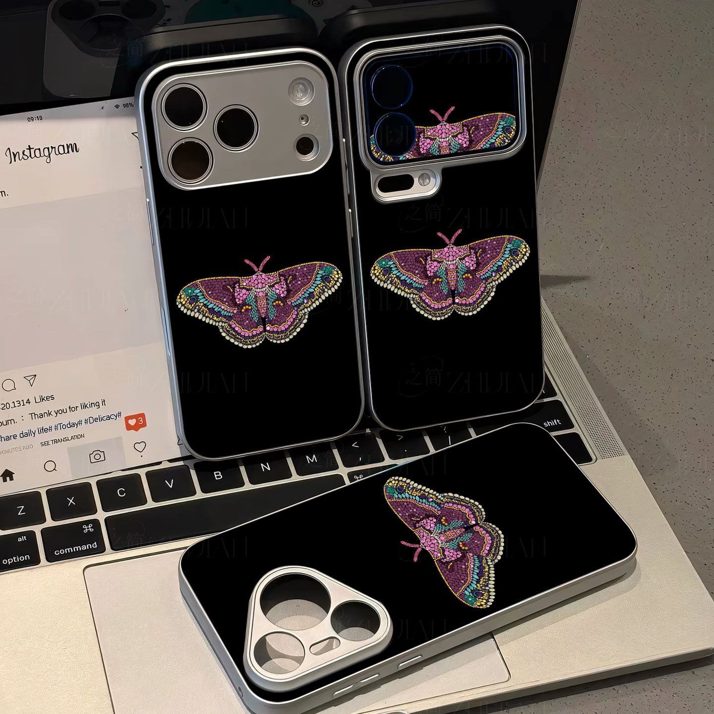 彩宝飞蛾胸针磁吸磨砂黑框电镀玻璃手机壳适用苹果iphone17promax华为OPPORENO14PROVIVOS19PRO小米17ULTRA红