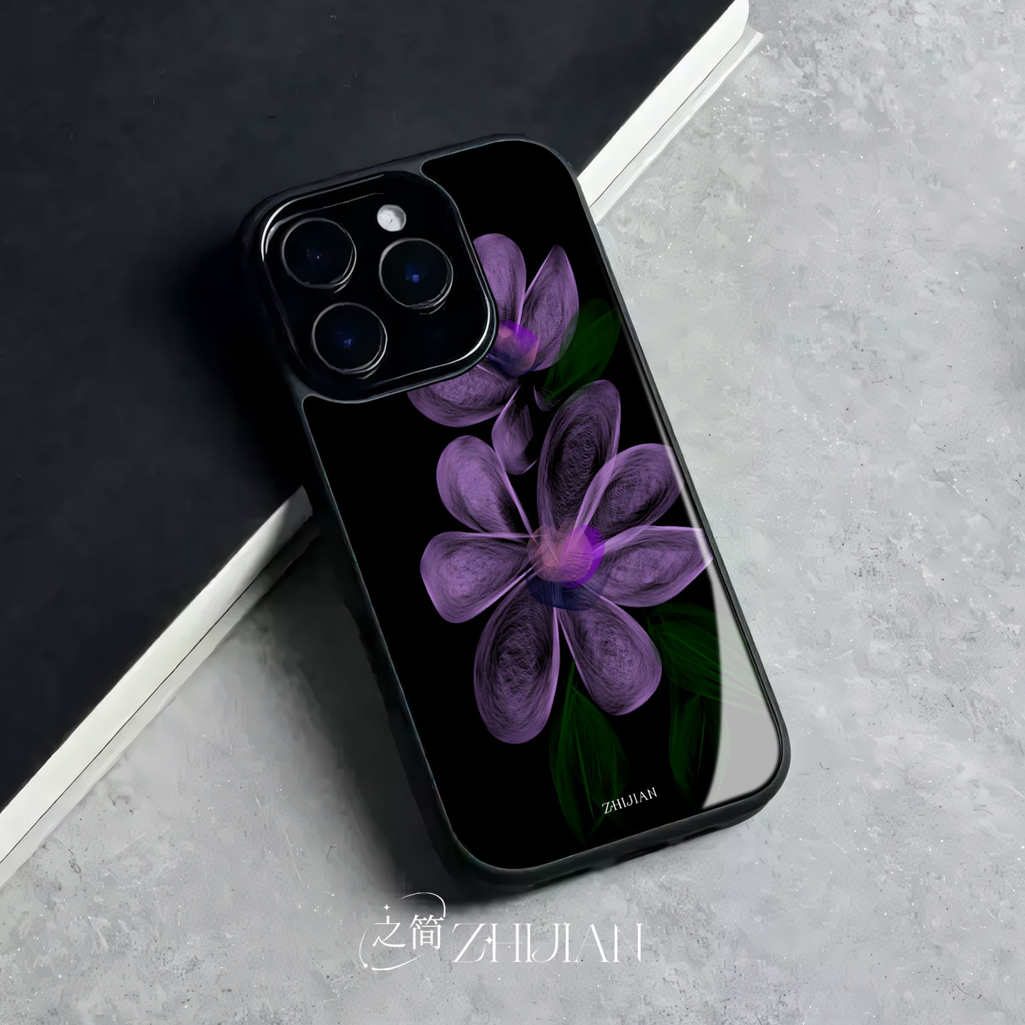 之简ZHIJIAN《紫花幻影》玻璃亮面磨砂手机壳新款小众不撞壳适用苹果17promax畅玩70PLUS1加15OPPOA6PRO12/13