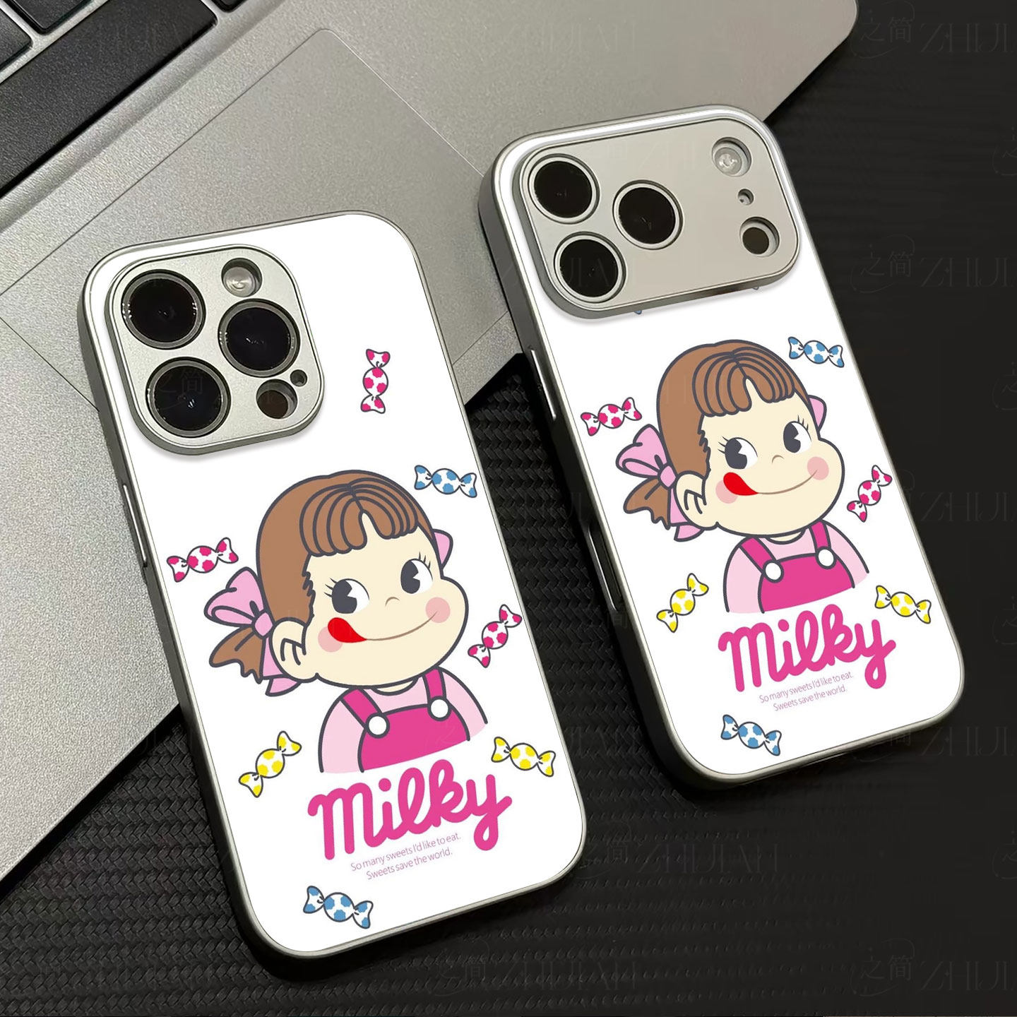 不二家牛奶妹磁吸磨砂黑框电镀玻璃手机壳适用苹果iphone17promax华为VIVOS18ENOVA13IQOO11PRO小米14ULTRA