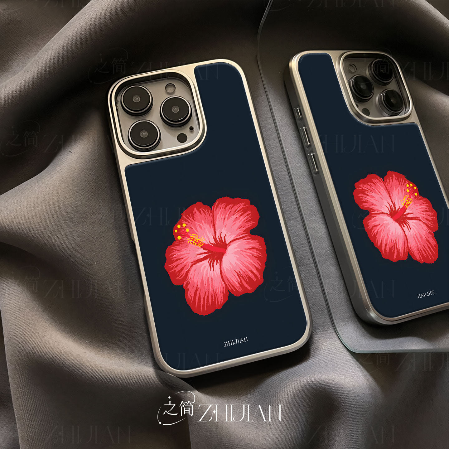 之简ZHIJIAN《朱槿花开》电镀玻璃磨砂手机壳新款小众不撞壳适用苹果17promax华为PURA70PROPLUS华为MATE50PR