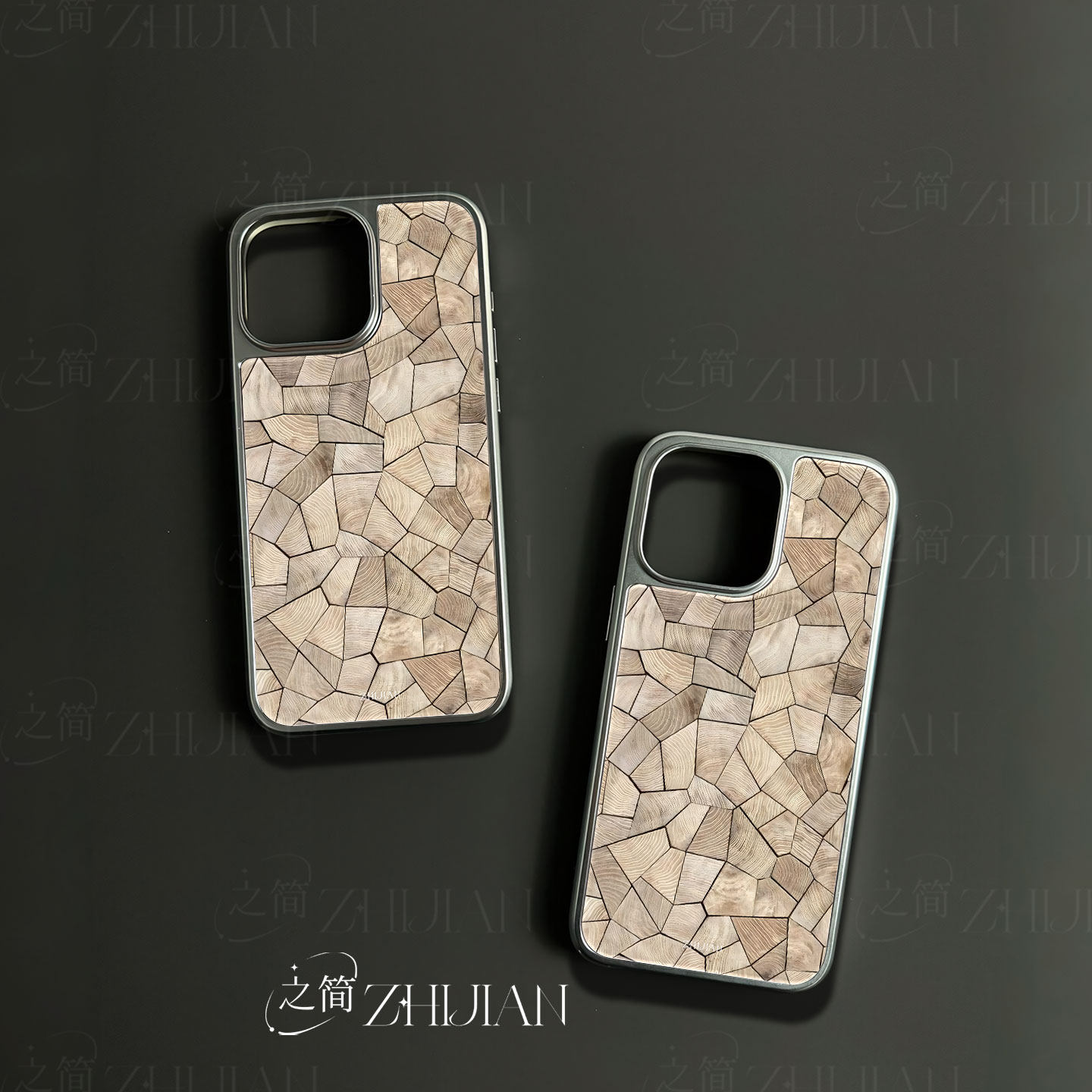 之简ZHIJIAN《木纹拼接》电镀玻璃磨砂手机壳新款小众不撞壳适用苹果17promax华为MATE70PROPLUS华为MATE50PR