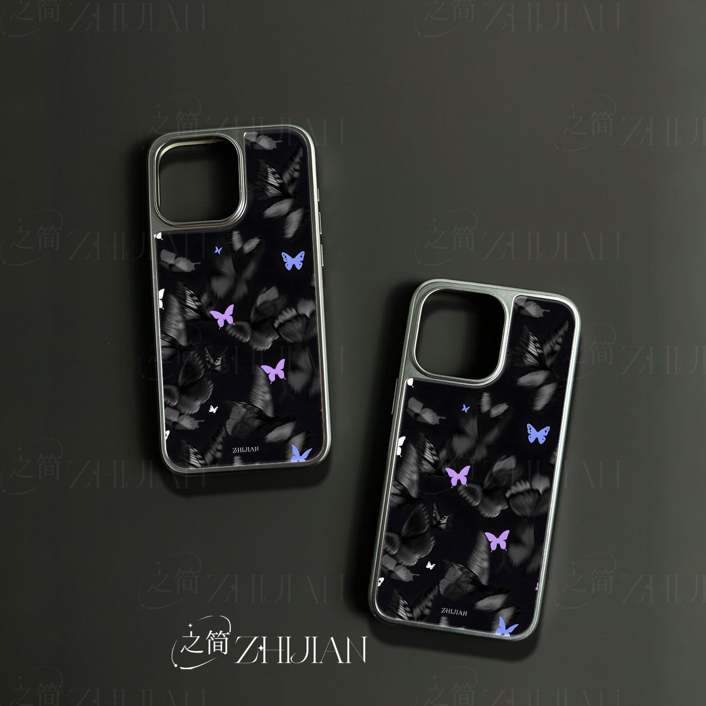 之简ZHIJIAN《彩蝶纷飞》电镀玻璃磨砂手机壳新款小众不撞壳适用苹果17promax华为MATE60PROPLUS小米14PRO华