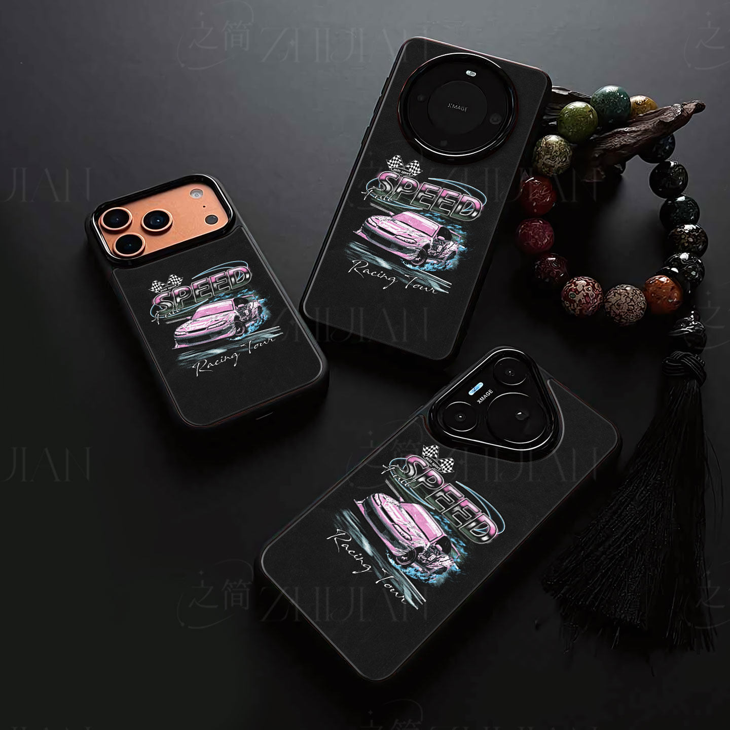 粉色赛车印花磁吸磨砂黑框电镀玻璃手机壳适用苹果iphone17promax华为荣耀60SE红米TURBO4PRO1加ACE3PRO荣耀3