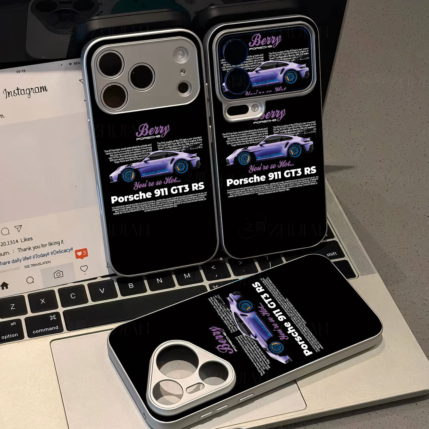 保时捷911磁吸磨砂黑框电镀玻璃手机壳适用苹果iphone17promax华为VIVOS19PROVIVOS16EOPPOFINDX8PRO荣耀300P