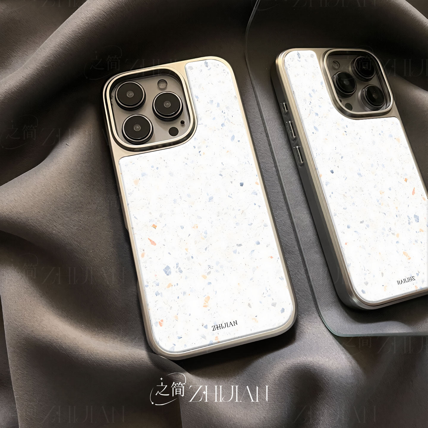 之简ZHIJIAN《水磨石纹》电镀玻璃磨砂手机壳新款小众不撞壳适用苹果17promax华为MATE60PROPLUS华为MATE70PR