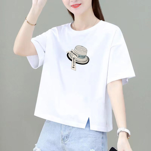 纯棉短袖T恤女韩版宽松显瘦减龄内搭休闲开叉设计圆领打底衫上衣