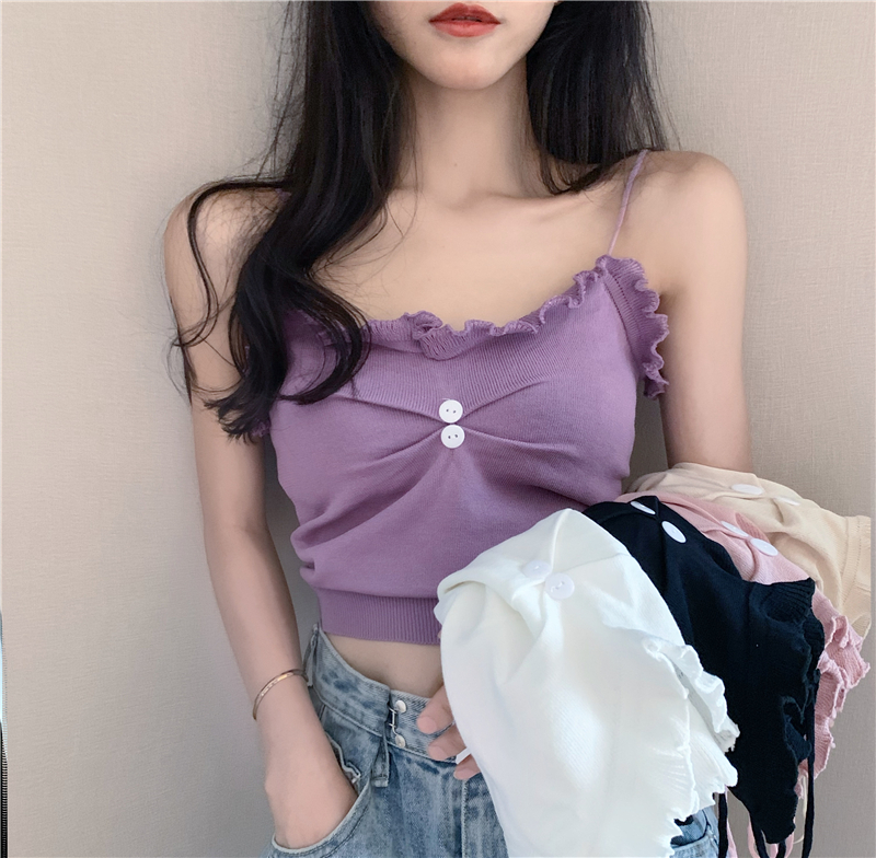 2021 Korean button decorative pleated wooden ear edge knitted suspender vest for women's summer Bra Top