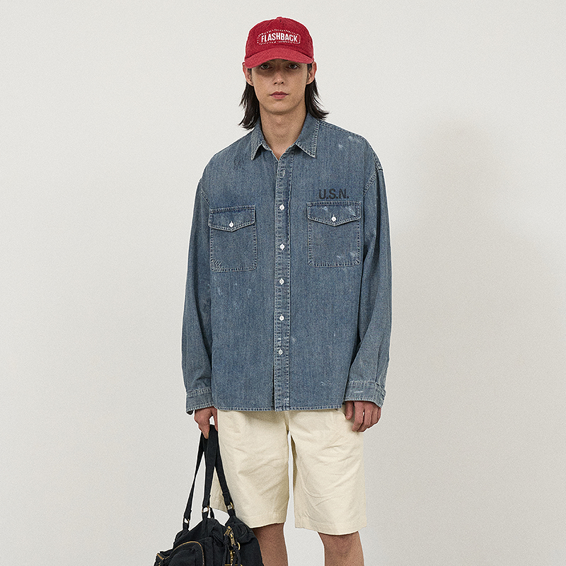 复古水洗牛仔日系长袖衬衫