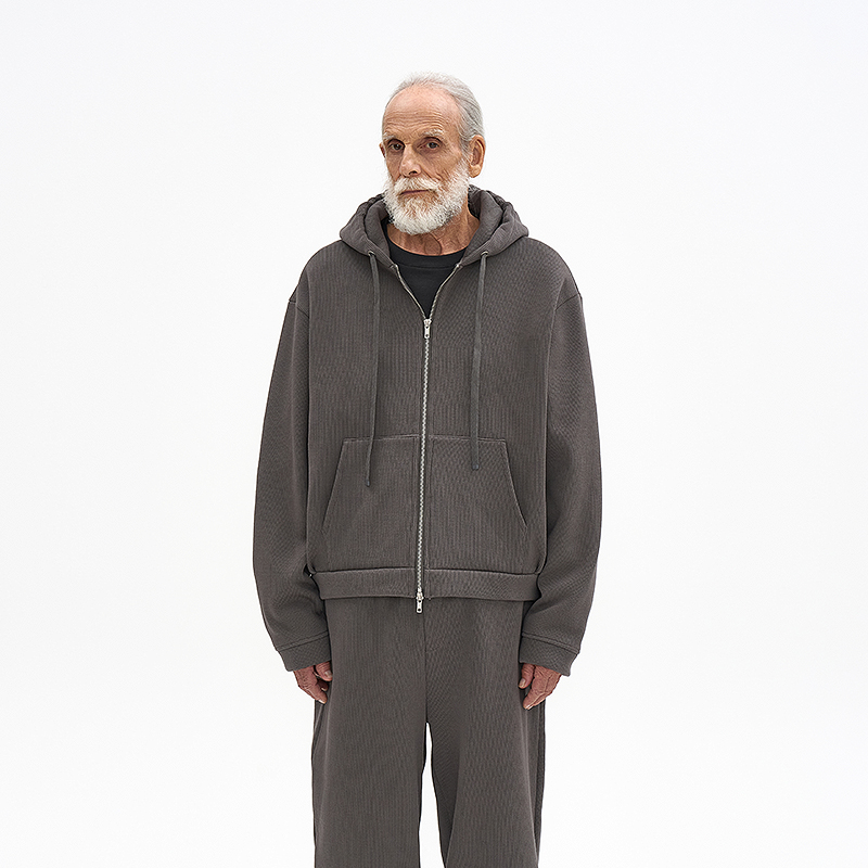 针织拉链连帽双头拉链开衫外套