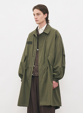 韩系复古鱼尾中长款大衣 韩国正品PARTIMENTO 宽松休闲抽绳棉风衣