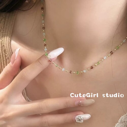 Cutegirl studio法式简约水晶复古彩色橄榄色项链女饰品甜美项链