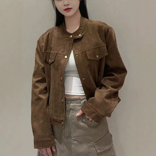 美拉德咖色仿鹿皮绒外套女2026秋季款设计感小众小个子机车服上衣