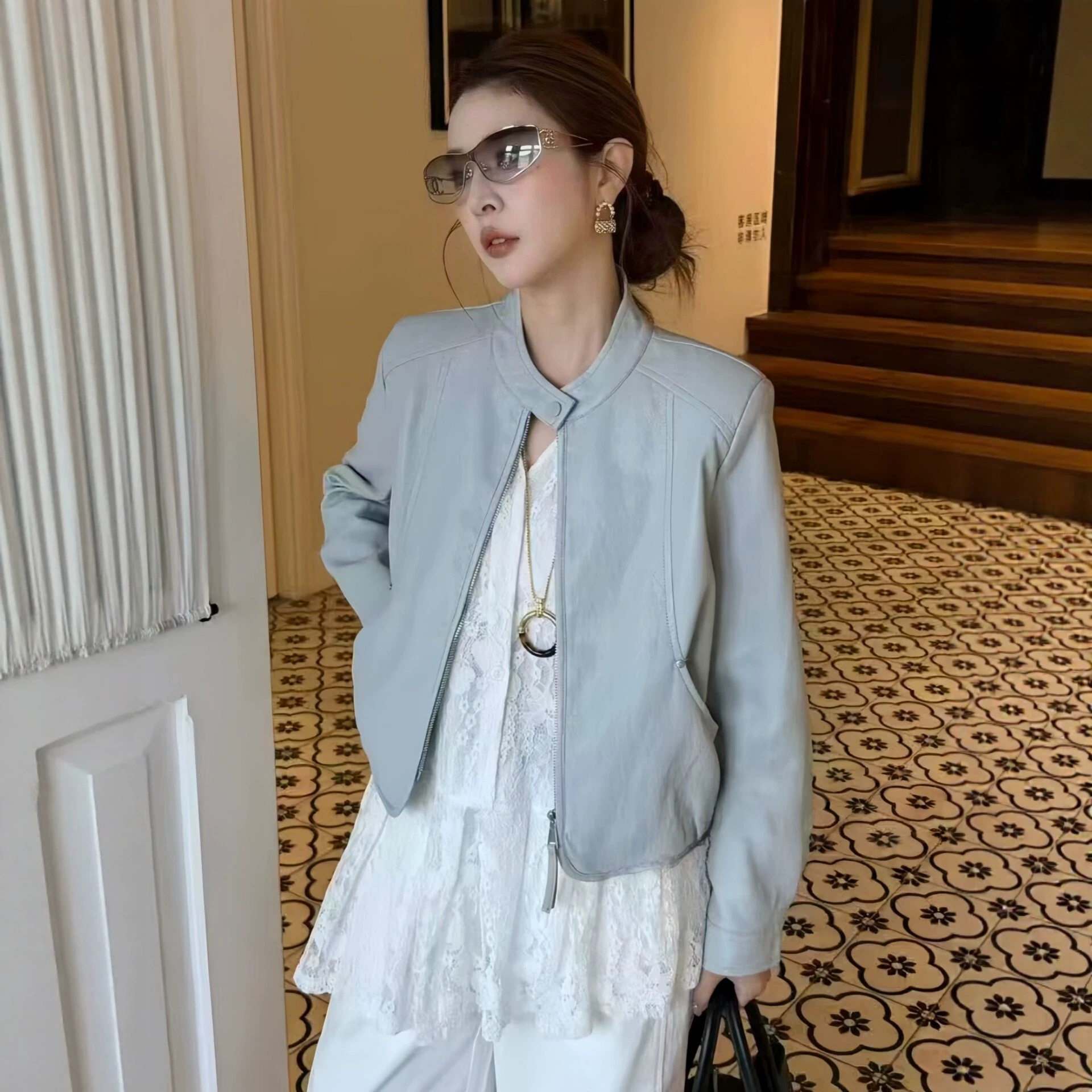 立领机车风短款皮衣女秋季新款韩版休闲小个子宽松皮夹克外套上衣