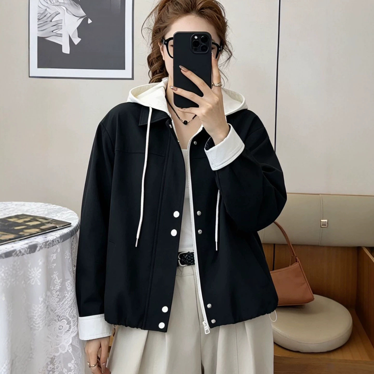 韩版设计感撞色拼接连帽外套女春秋时尚拉链纽扣开衫夹克百搭上衣