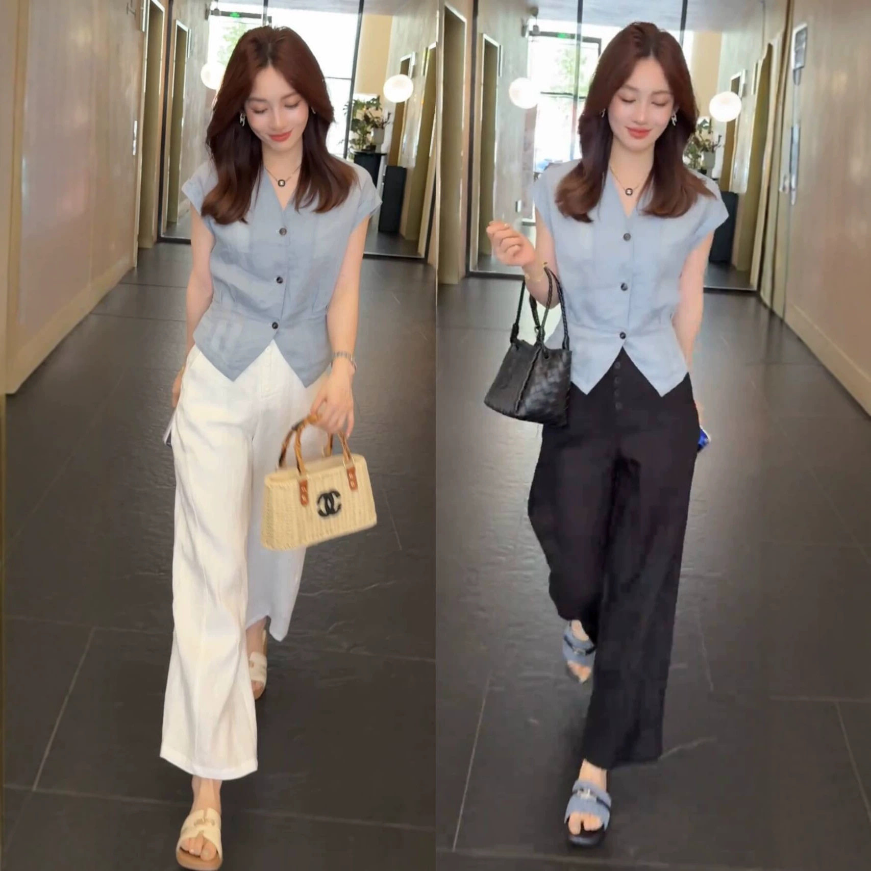 天丝亚麻夏季老钱风两件套女韩系V领短袖小衫+九分阔腿裤时尚套装