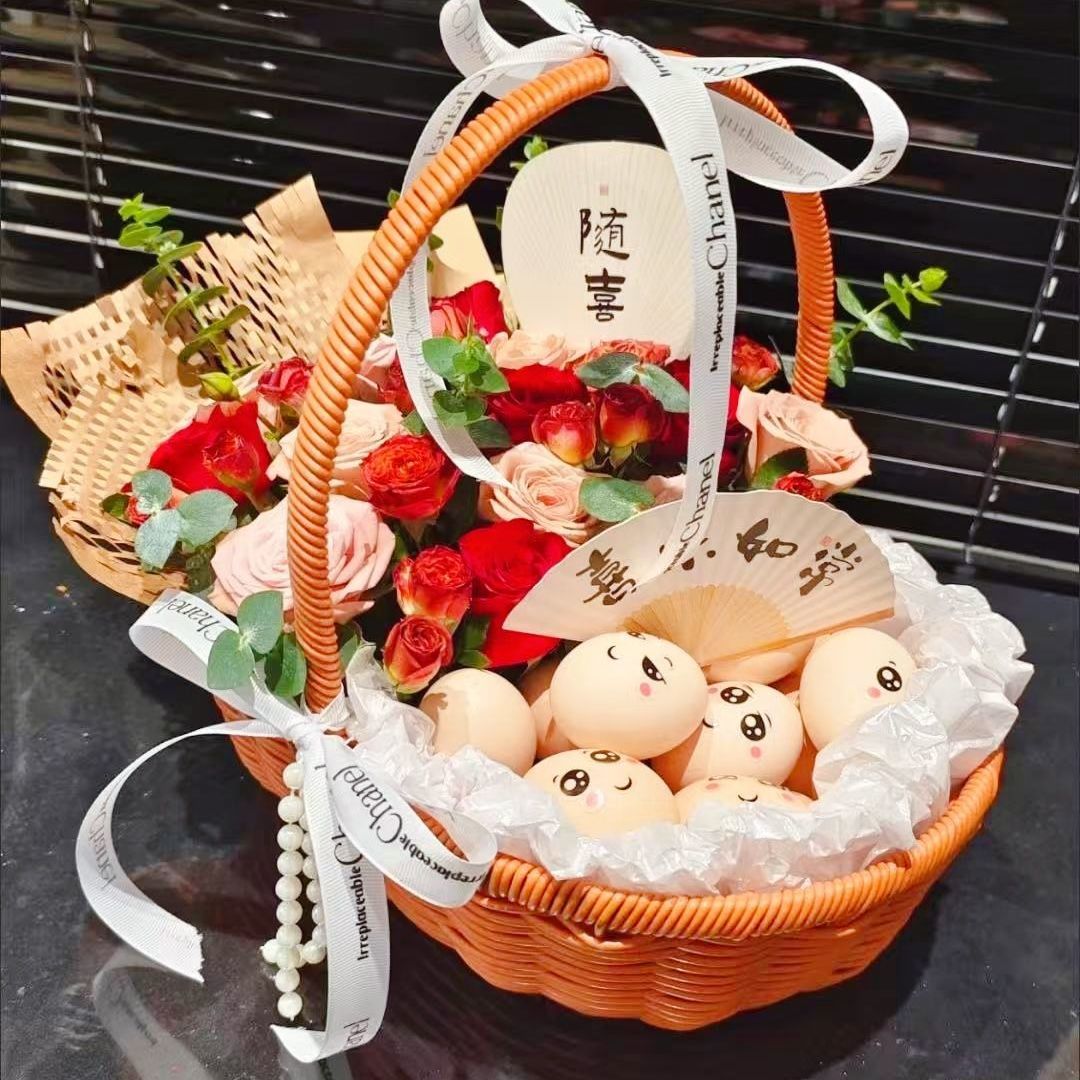 月子篮手提鲜花鸡蛋木片编织提篮