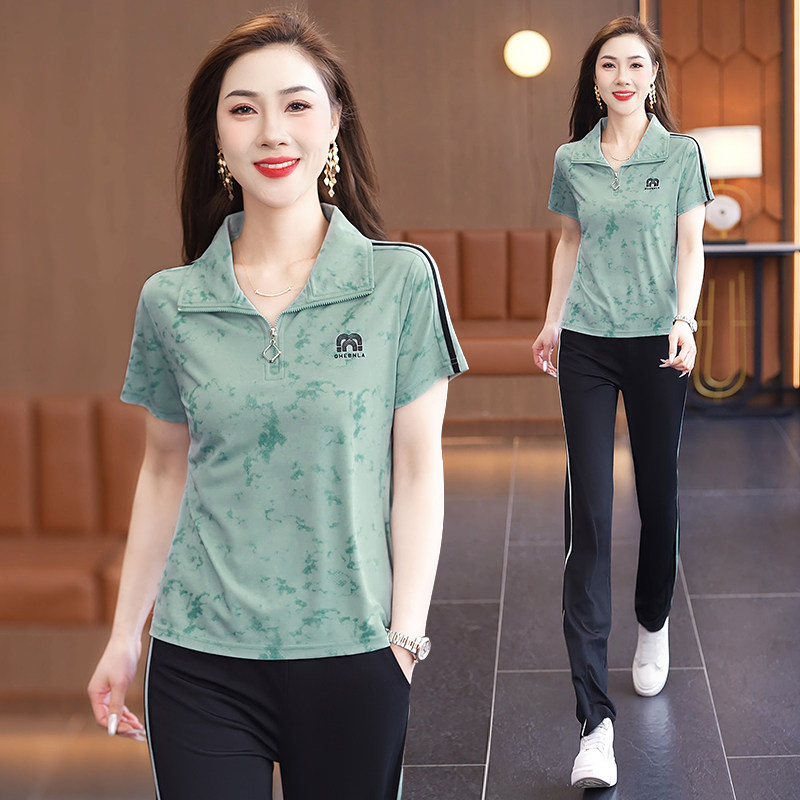 声雨竹运动套装女款夏季2026新薄款显瘦款时尚减龄妈妈装冰丝短袖
