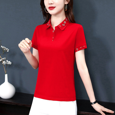 声雨竹休闲翻领短袖t恤女夏季2026年新款中年女士时尚百搭T桖polo