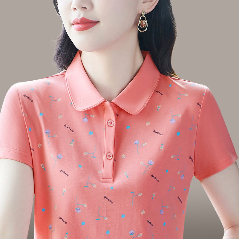 声雨竹2026夏季新款休闲减龄短袖t恤女士纯棉上衣中年妈妈装翻领p