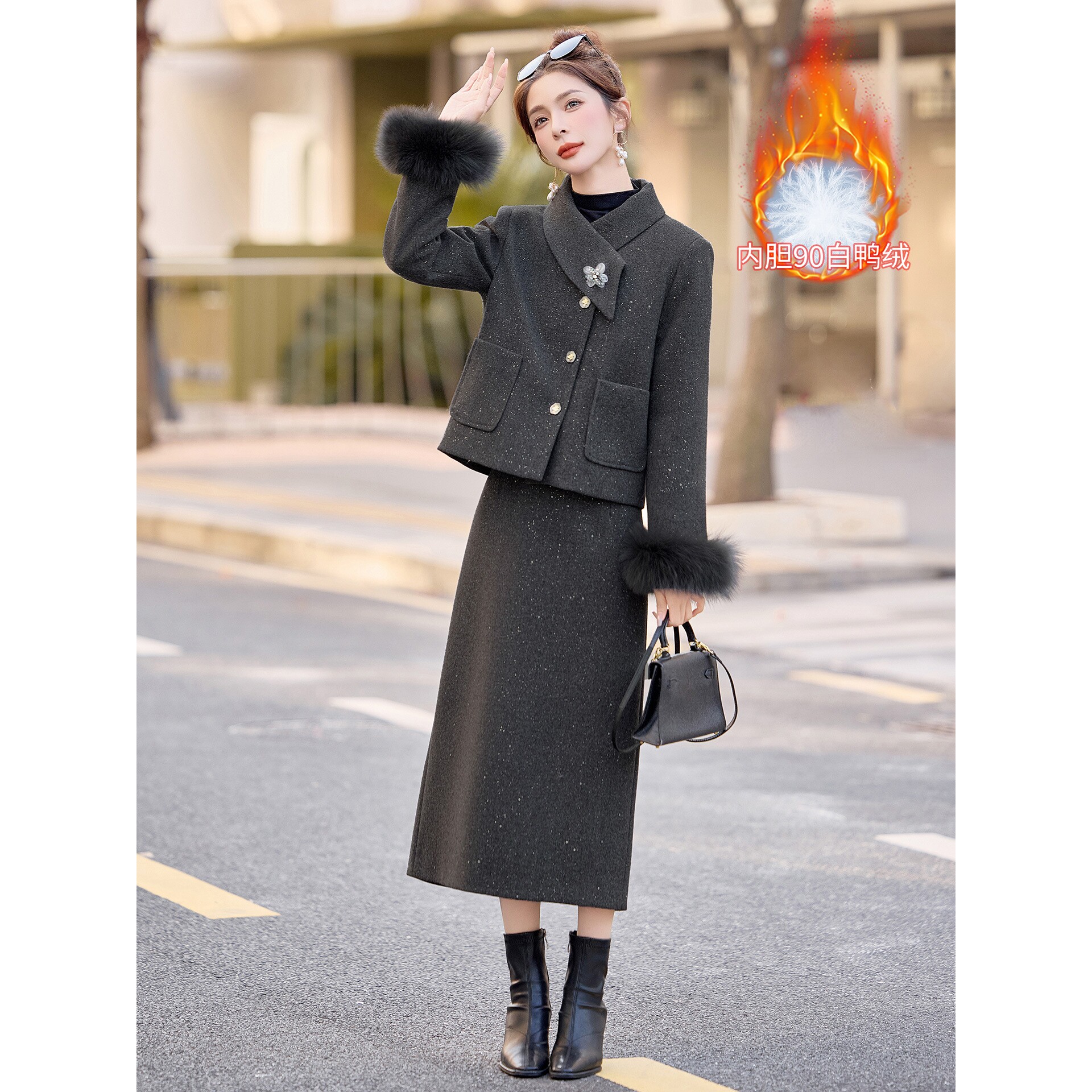 声雨竹时尚休闲套装2026冬季新款女装毛呢羽绒外套半裙两件套裙 Z