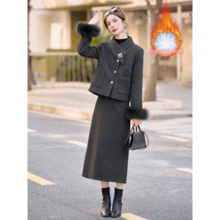 声雨竹时尚休闲套装2026冬季新款女装毛呢羽绒外套半裙两件套裙 Z