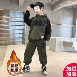 男童冬季加绒加厚套装2026新款中大男孩童装卫衣卫裤运动两件套潮