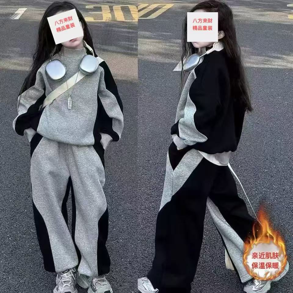 女童韩版加绒拼色两件套