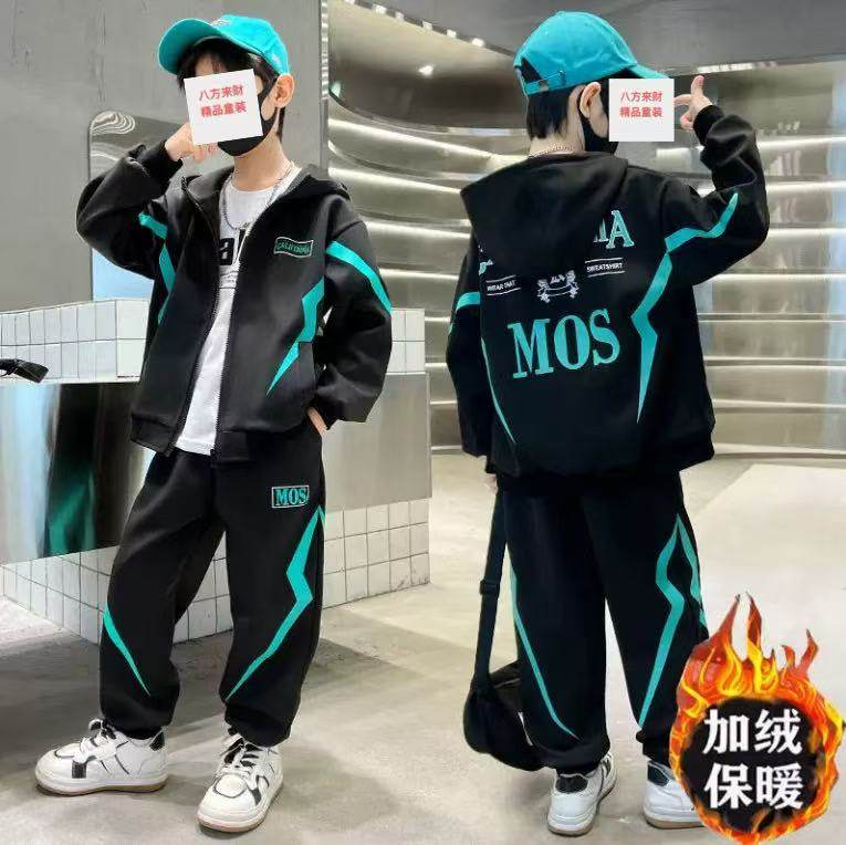 秋冬新款男童外穿加绒保暖连帽卫衣卫裤套装中小童休闲运动套装潮