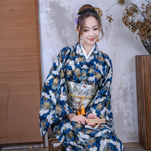 大菊鹤蓝和服系日本剧本杀日料店民宿和服女款季摄影改良和服浴衣