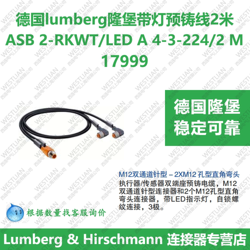 德国隆堡lumberg预铸线M12双头带灯ASB 2-RKWT/LED A 4-3-224/2 M