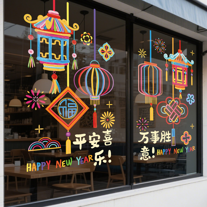 2026新年窗花春节装饰灯笼玻璃静电贴纸场景布置氛围门贴橱窗贴UV
