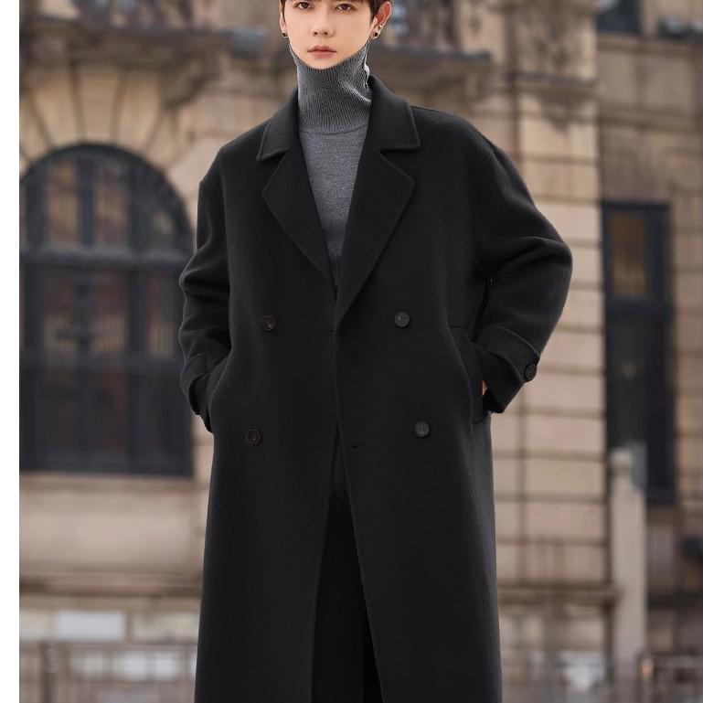850g重磅欧美男士羊毛呢大衣中长款双面羊绒外套过膝风衣冬季加厚