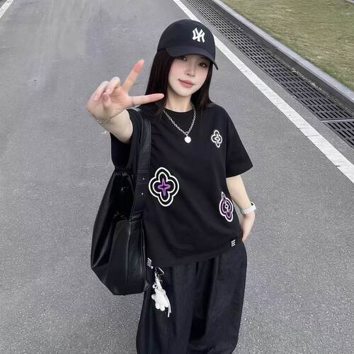 GOOD黑色印花宽松短袖T恤女
