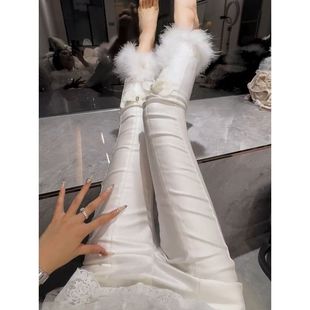 欧货涂层皮裤毛毛拼接裤脚铅笔裤秋冬2024高腰加绒直筒裤小脚裤