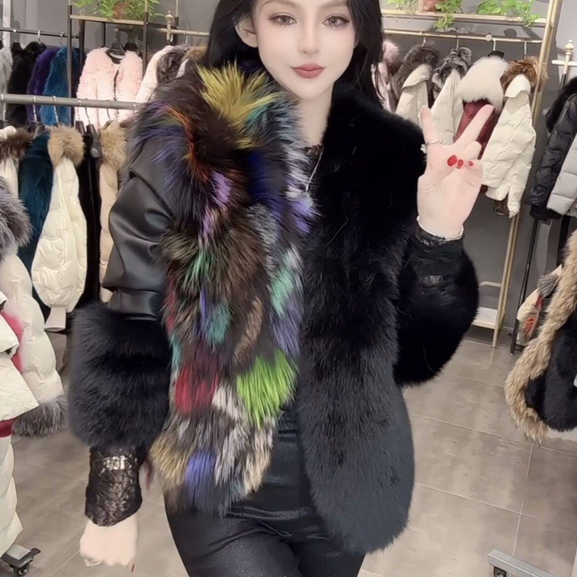 冬季狐狸毛拼接皮草中长款长袖保皮草