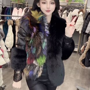 保暖外套收腰显瘦七彩环保毛毛外衣 长袖 冬季 狐狸毛拼接皮草中长款