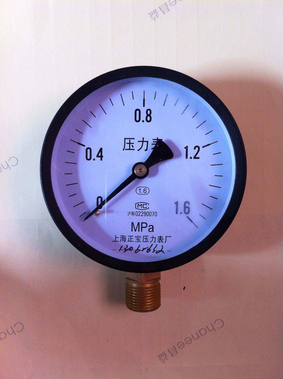 上海正宝压力表厂y100 0-1.6mpa普通油气水锅炉压力表