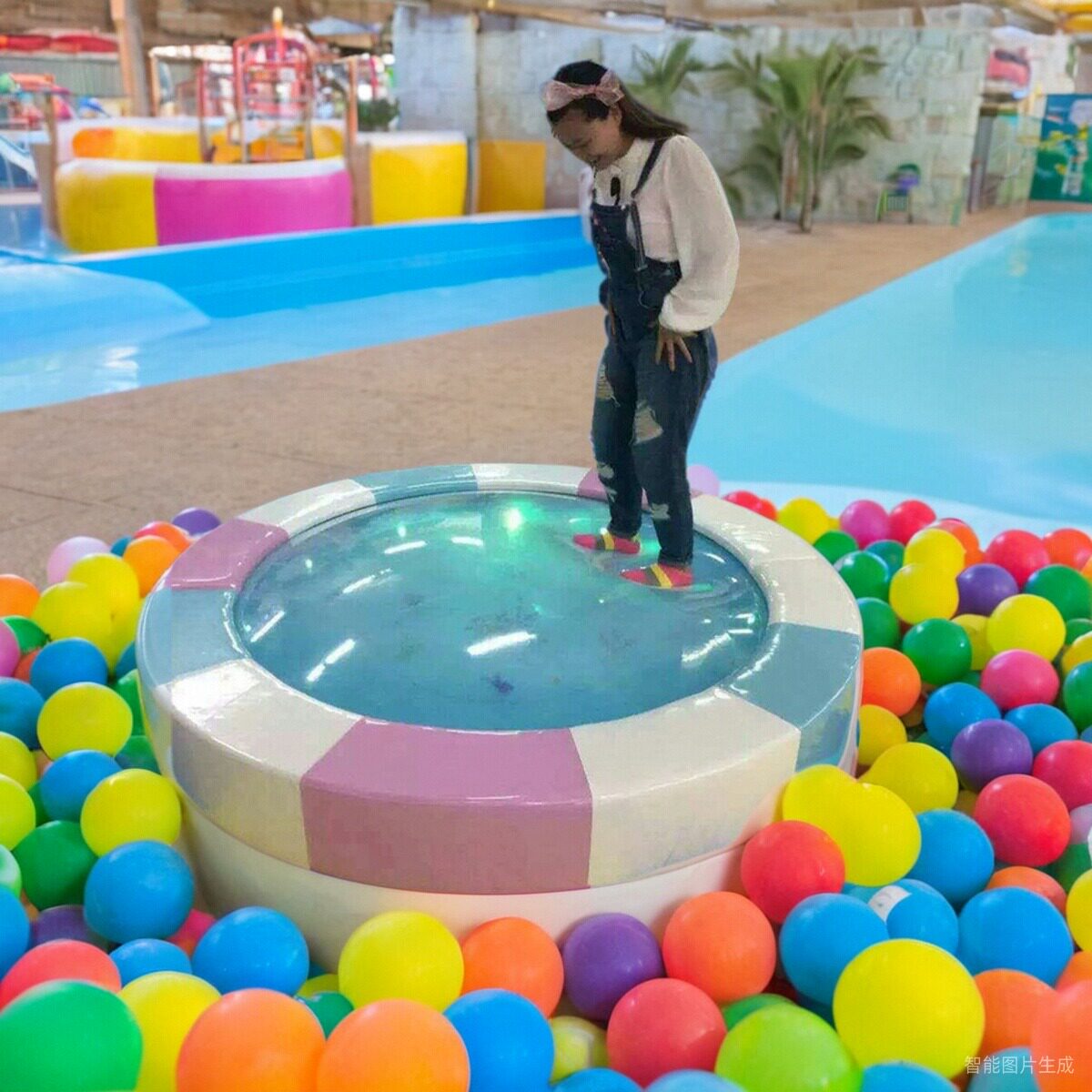 儿童乐园淘气堡软包木质圆形TPU水床水袋水蹦床游乐玩具滑梯