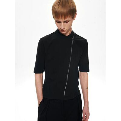 Slight Vogue丨黑景石色拼接修身短袖翻领衬衫开衫SV4729A