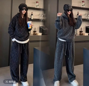 炎炎服饰男装秋冬季加厚马海毛套装男女款彩织连帽卫衣休闲两件套