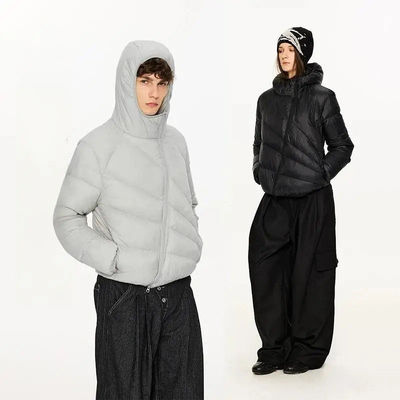 KREATE「放射线」轻薄短款白鸭绒排骨斜拉链解构冬季连帽羽绒服