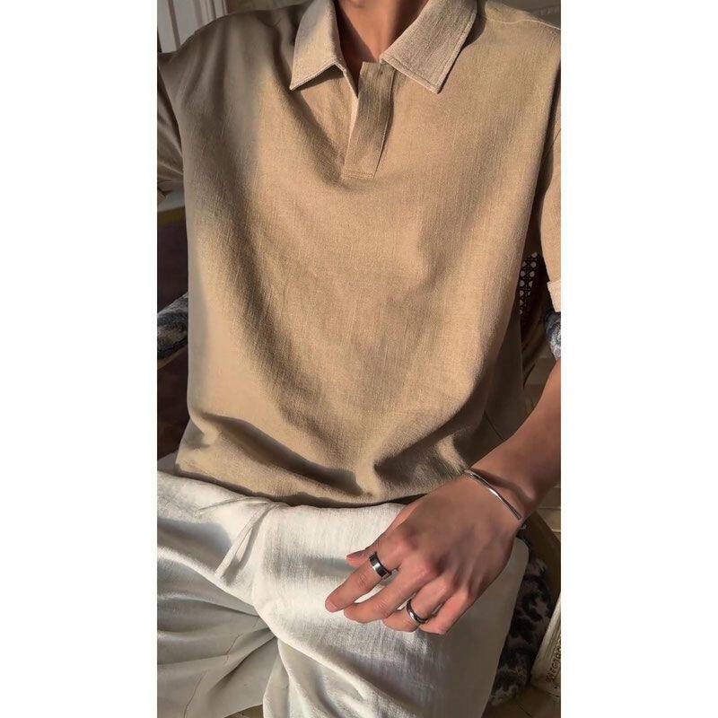 FOR夏季老钱风海鸥领【亚麻POLO】透气翻领短袖男POLO衫薄款