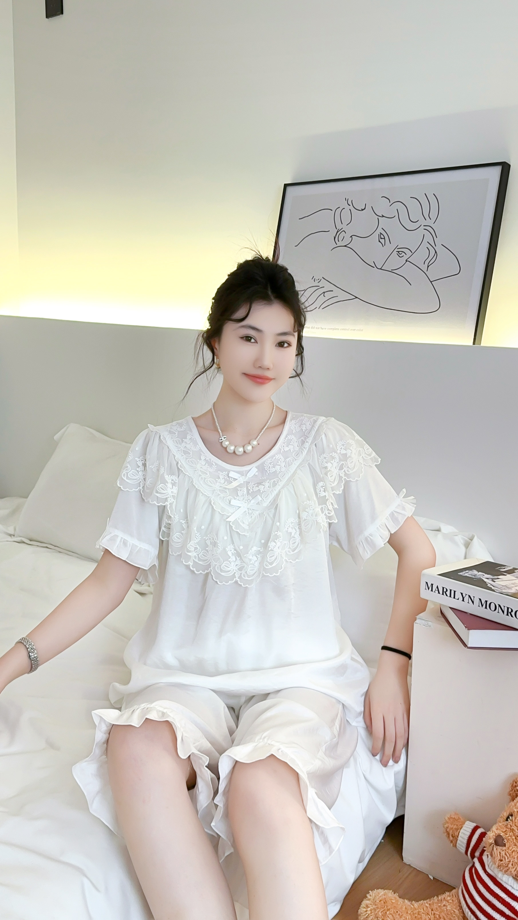 天丝麻2025新款睡衣女款春秋款白色半袖韩版可爱七分裤家居服套装