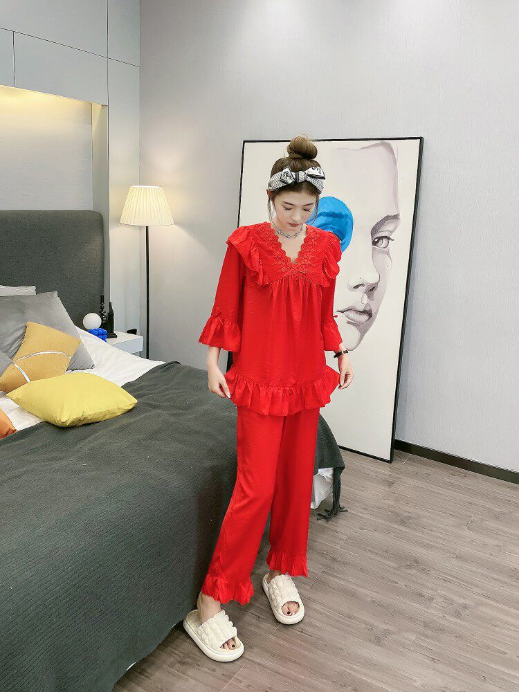 佐露莎天丝麻睡衣女大红色家居服睡衣/家居服套装