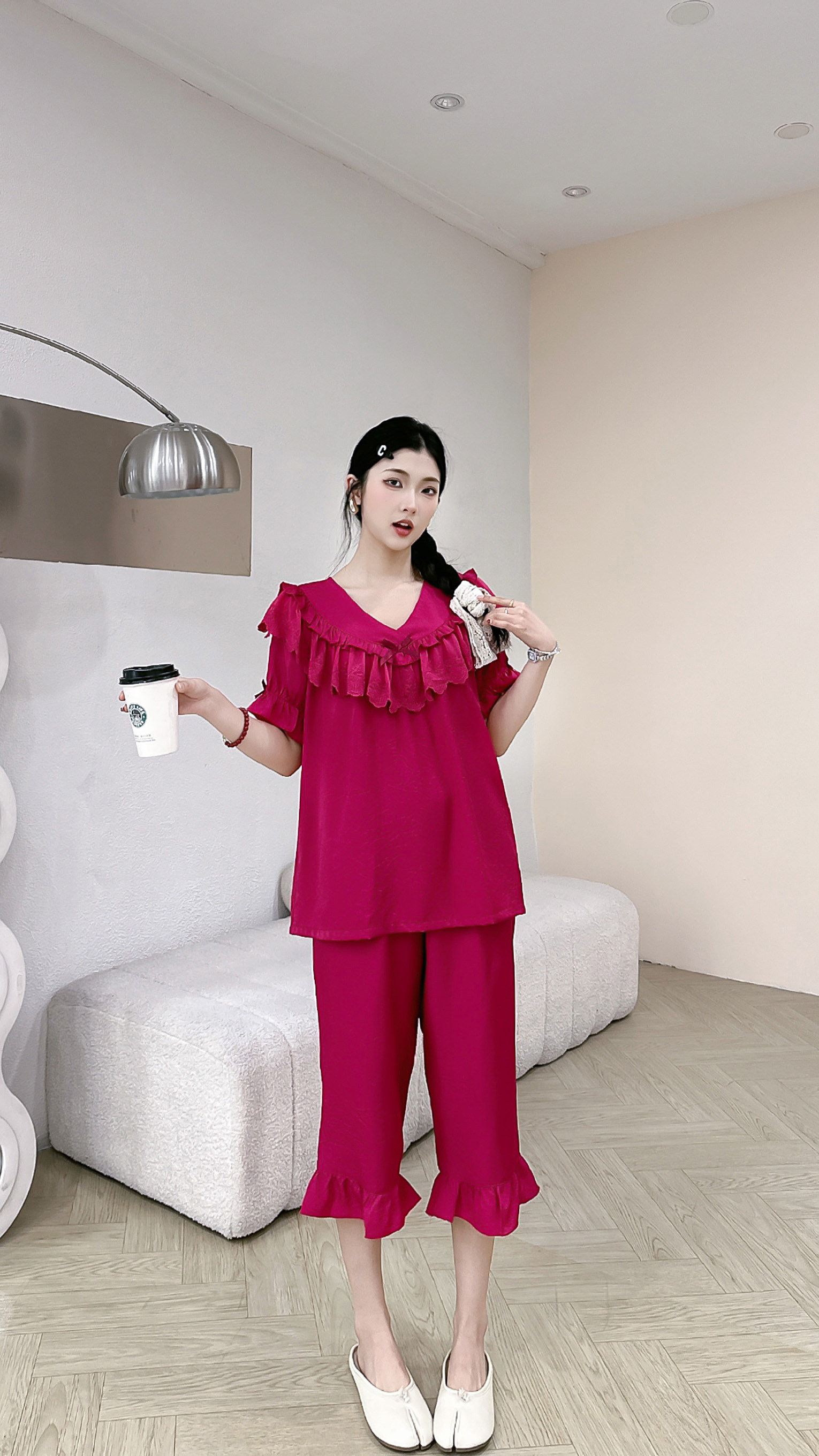 天丝麻睡衣女款春夏季新款紫色女士家居服半袖七分裤大码宫廷韩版